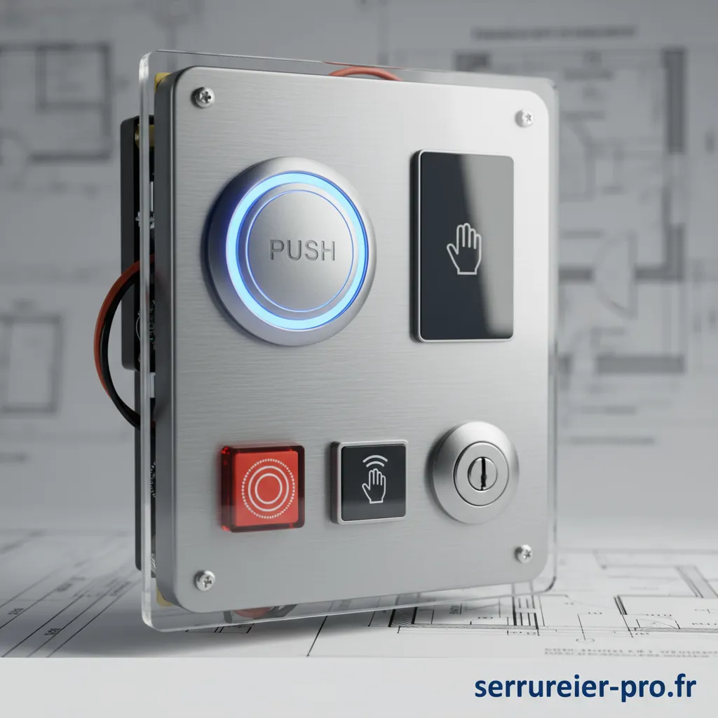 Bouton d'ouverture de porte moderne installé sur un mur