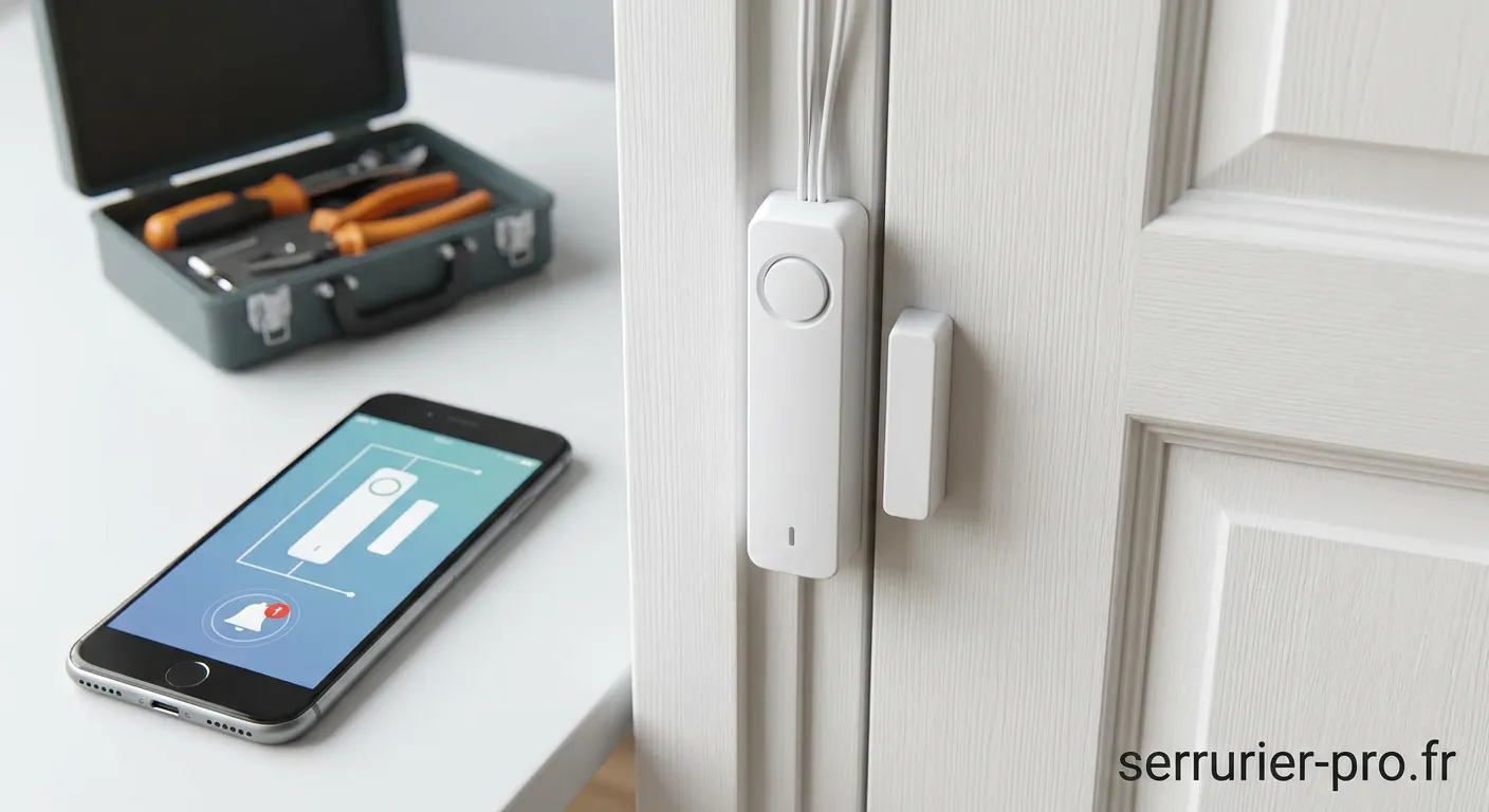 Détecteur d'ouverture magnétique installé sur une porte