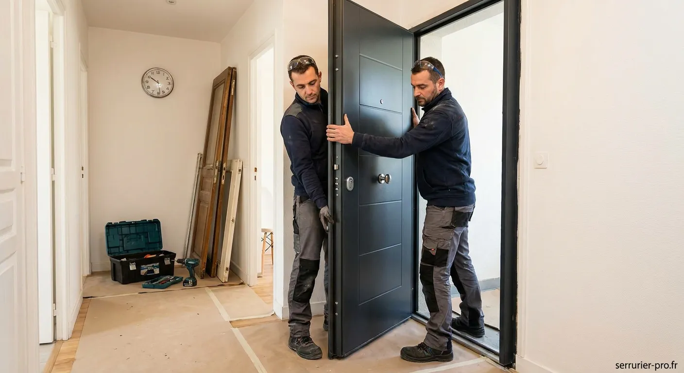 Serrurier installant une porte blindée sécurisée