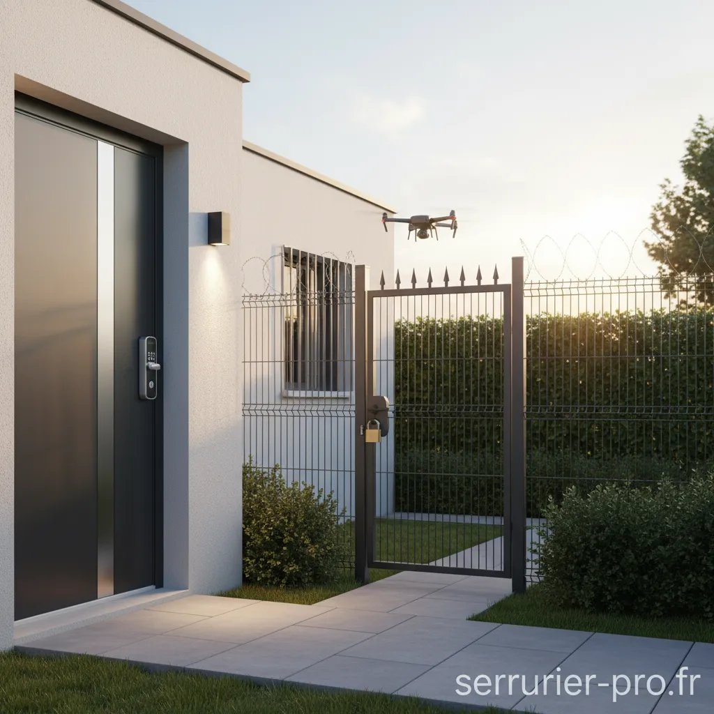 Porte de service arrière d'une maison avec une serrure de sécurité renforcée