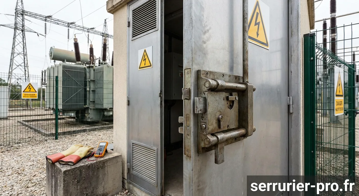 Serrure de cabine haute tension sur une porte de transformateur électrique