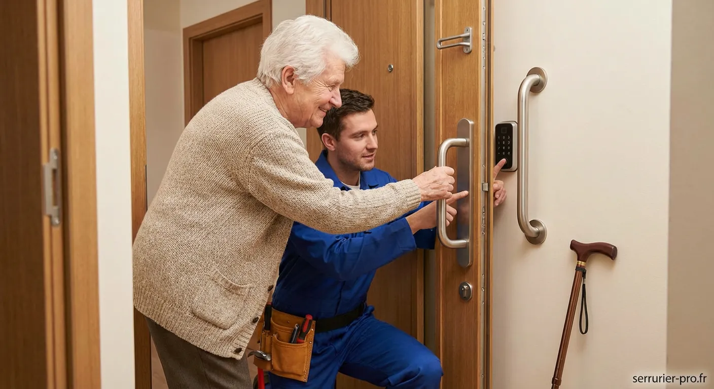 Serrurier installant une serrure adaptée pour senior