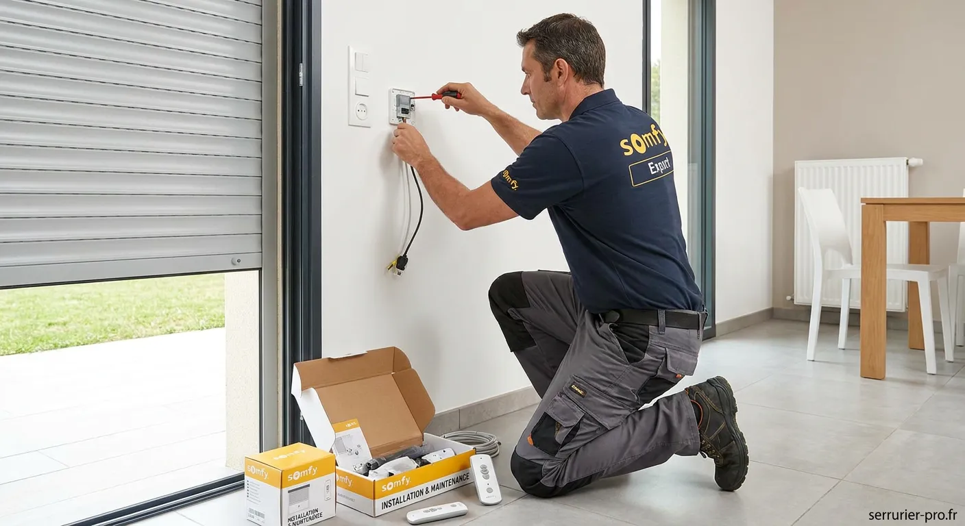 Installation professionnelle d'un volet motorisé Somfy dans une maison moderne